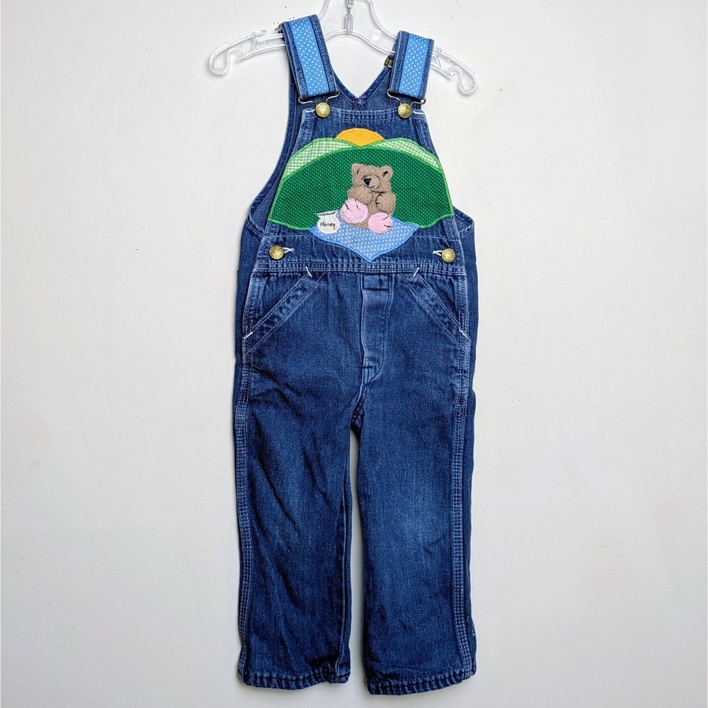 Vintage Liberty Overalls Teddy Bear Honey Applique 90s Blue Denim‎ Size 2T